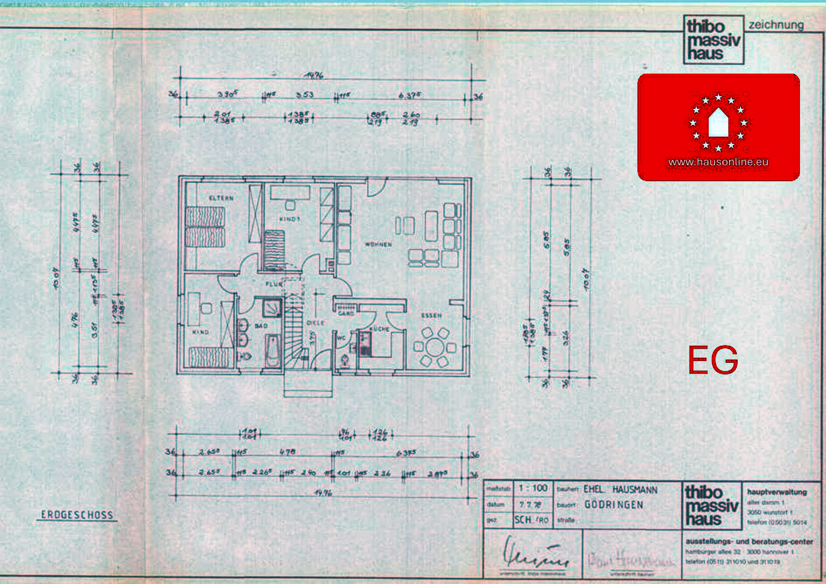 Originaler Grundriss Erdgeschoss des Bungalows Hilgenkamp 26, Baujahr 1978