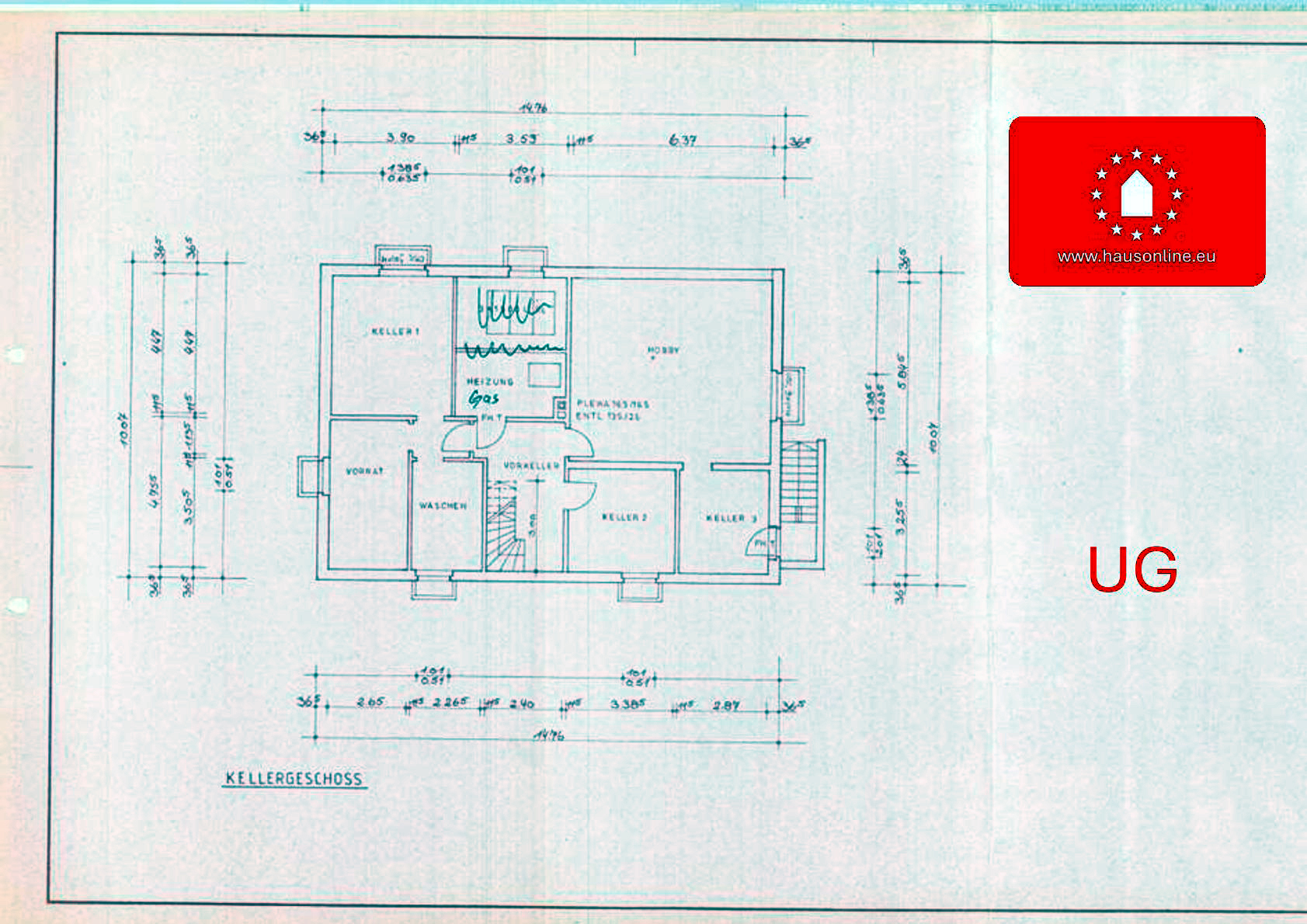 Originaler Grundriss Kellergeschoss des Bungalows mit Heizungsraum und Nutzflächen